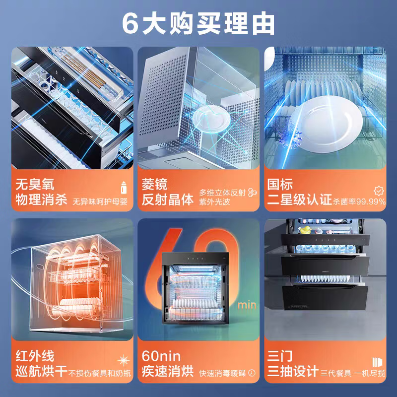 老板(Robam)星辰系列消毒柜XB707A 家用三门三抽110L 纯物理紫外杀菌 疾速消烘母婴级消毒碗柜 二星级
