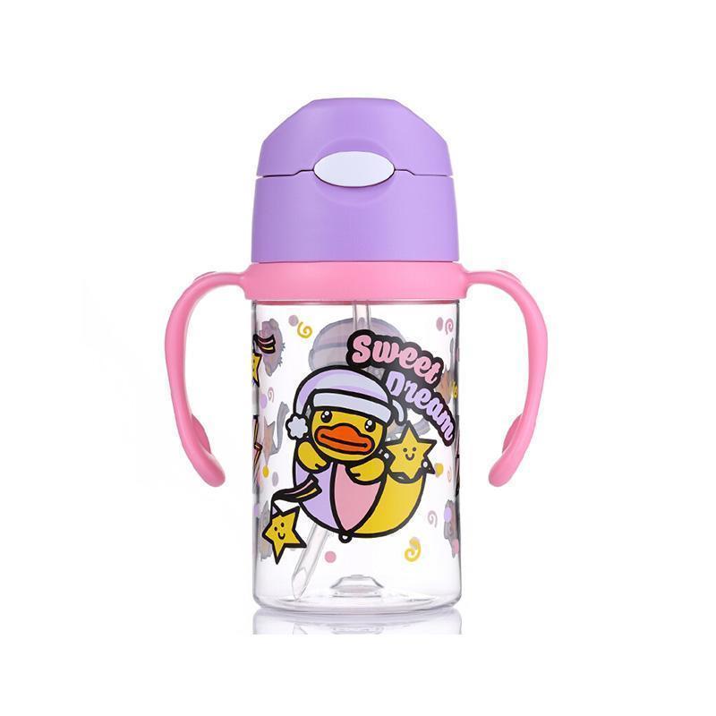 B.Duck小黄鸭宝宝学饮杯儿童便携防漏带手柄吸管喂养水杯300ml 紫罗兰[300ml]