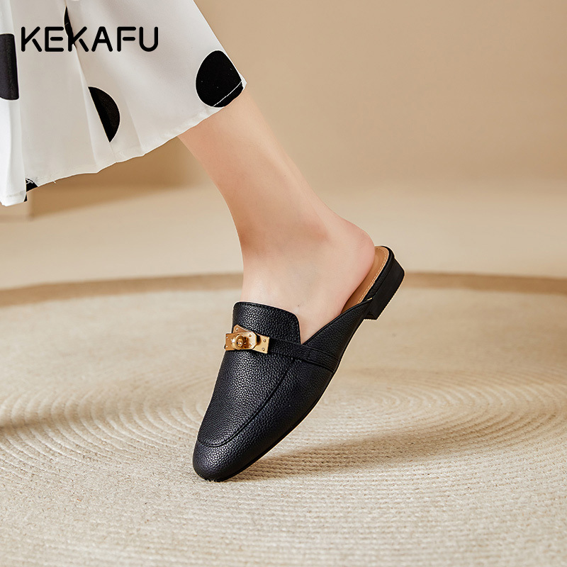 珂卡芙小皮鞋女尖头单鞋2023夏季新款包头半拖鞋外穿复古小众女鞋