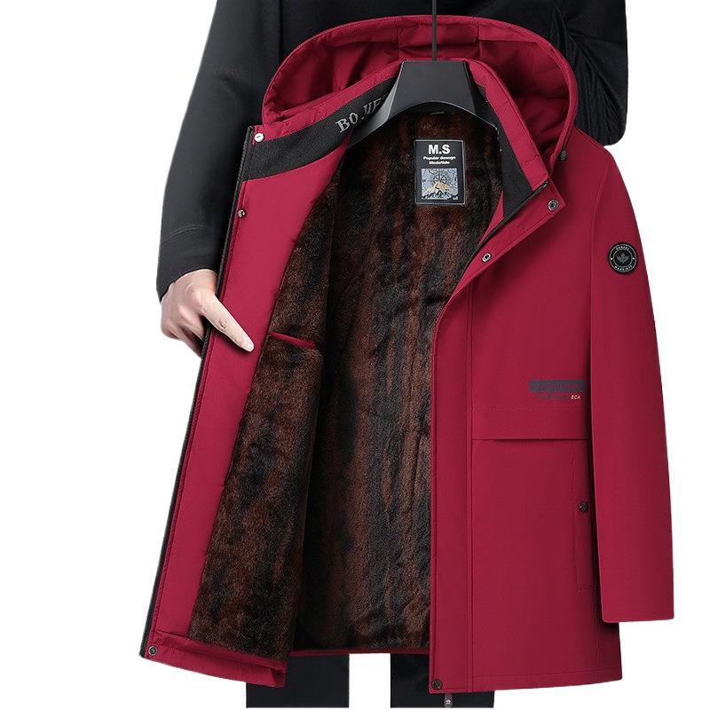 中老年男士加绒加棉棉服冬季加厚棉袄连帽爸爸本命年红色冬装棉衣高清大图