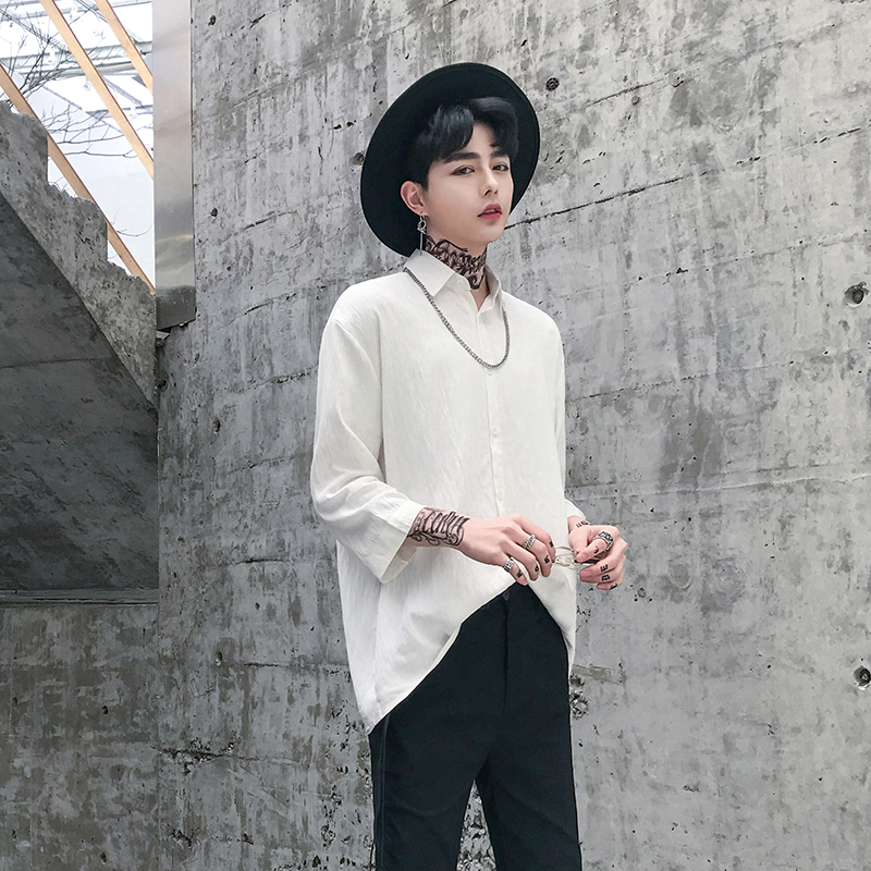 夏季潮男士暗黑系落肩棉麻七分袖衬衫青年型师文艺纯色短袖衬衣