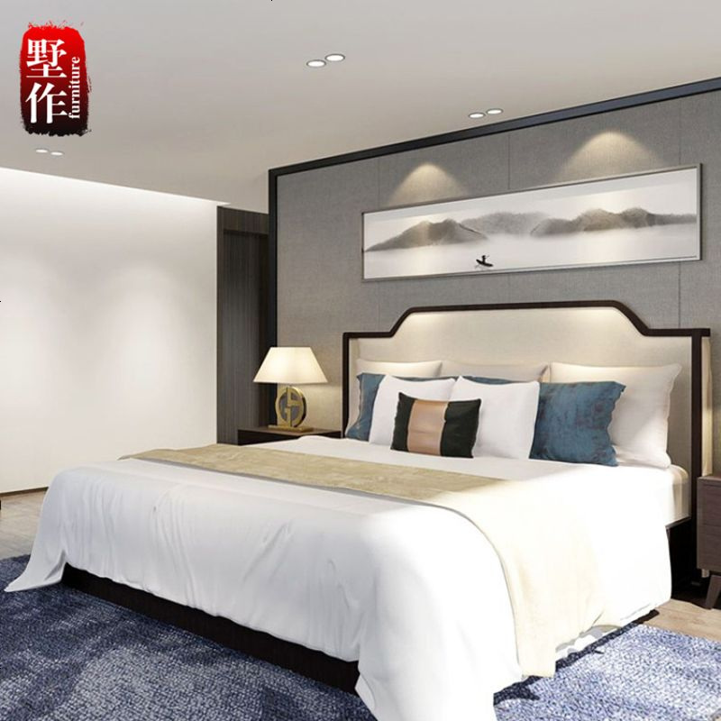 新中式家具 中式实木布艺双人床 样板房别墅会所现代卧室婚床家具