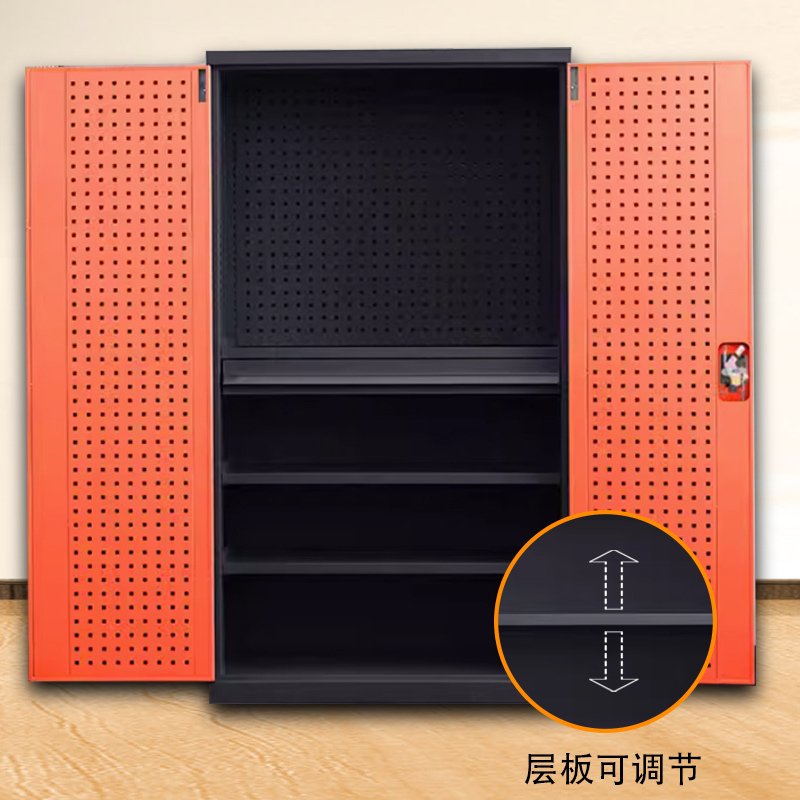 正斌重型工具柜车间用加厚物件工具储物柜工厂铁皮柜汽修厂零件收纳柜橘色四层一抽带挂板高清大图
