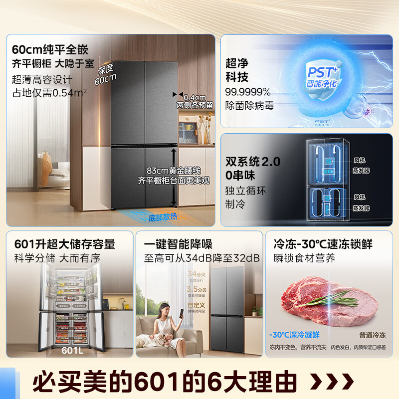 [自营]美的冰箱双系统2.0变频十字对开门601升干湿分储净味杀菌自动除霜低噪节能BCD-601WUSPZM(E)海贝黛高清大图