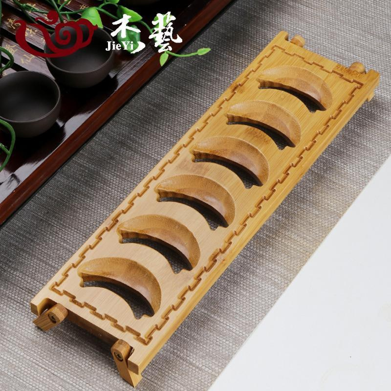 [竹制杯架]长排6格 黑檀木功夫茶杯收纳架单层晾杯架茶具沥水置物架实木杯托茶道配件