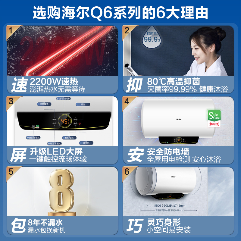 Haier/海尔50升电热水器 2200W速热 安全防电墙 预约洗浴 40℃生活温水 LED触控大屏 EC5002-Q6