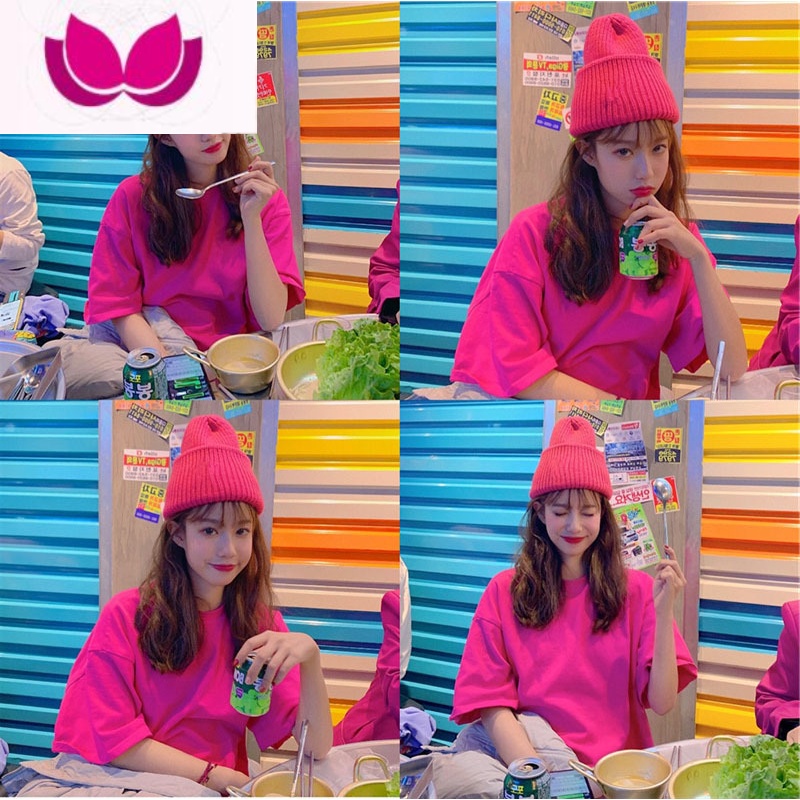 七斓玫红色t恤女短袖大码网红2023新款夏ins风T中长款宽松纯色上衣潮高清大图