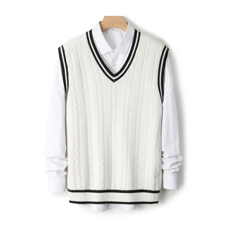 学院风V领羊毛针织马甲男秋冬美式复古宽松无袖毛衣背心套头坎肩
