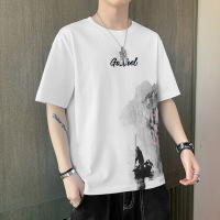 短袖T恤男士薄款夏季新款潮流水墨风半袖休闲帅气时尚上衣服 2XL 白色