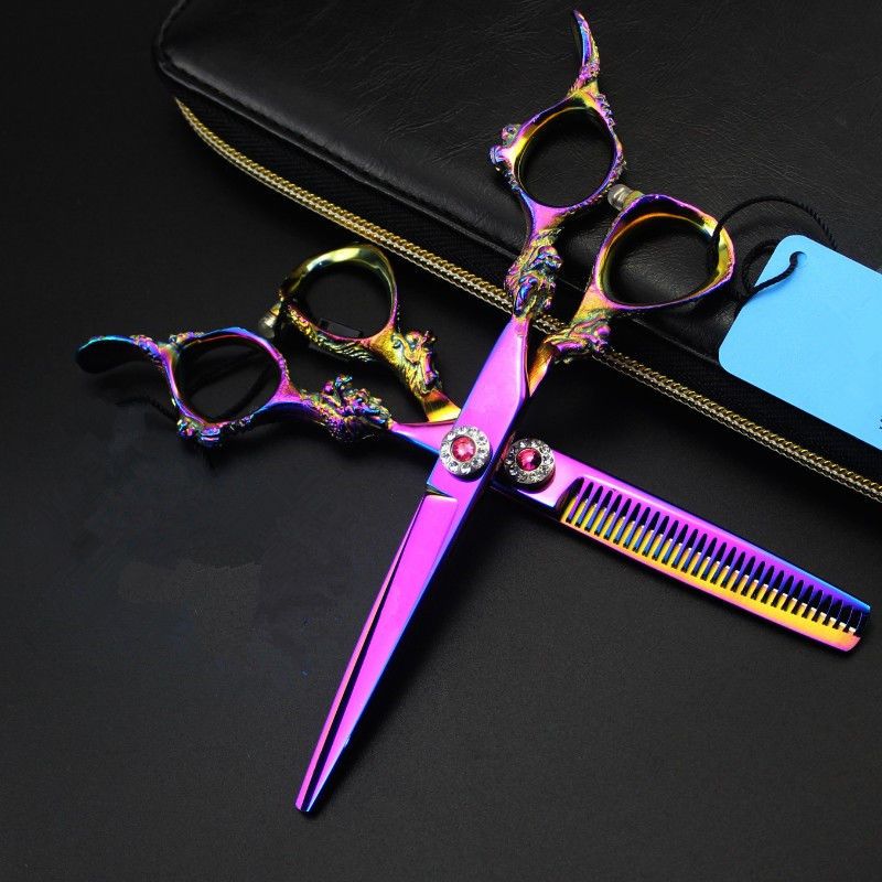 新品土豪金理发剪刀美发剪刀平剪牙剪理发师专用削发套装七彩牙剪