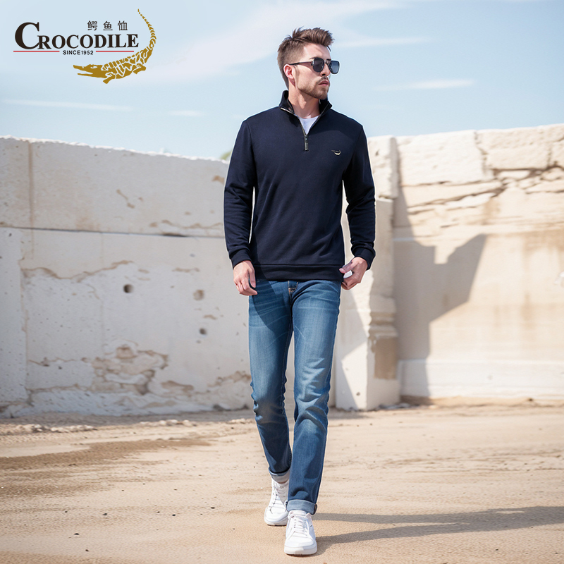 鳄鱼恤CROCODILE 长袖卫衣POLO衫男士秋冬翻领套头外穿半拉链纯棉T恤