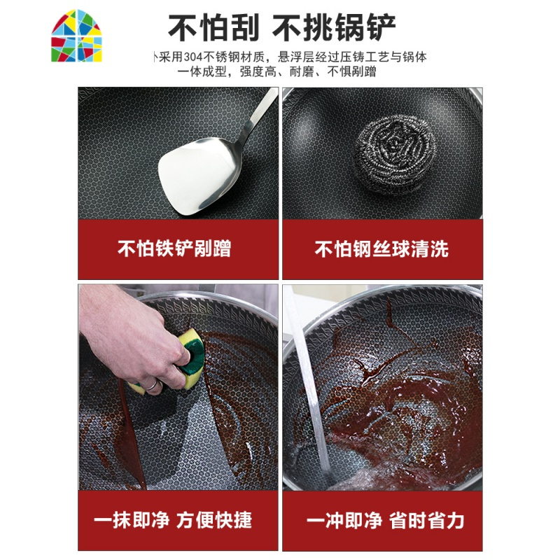 304不锈钢平底锅不粘锅家用煎蛋牛排煎锅烙饼锅电磁炉 FENGHOU 双面屏24CM[带盖/304不锈钢]