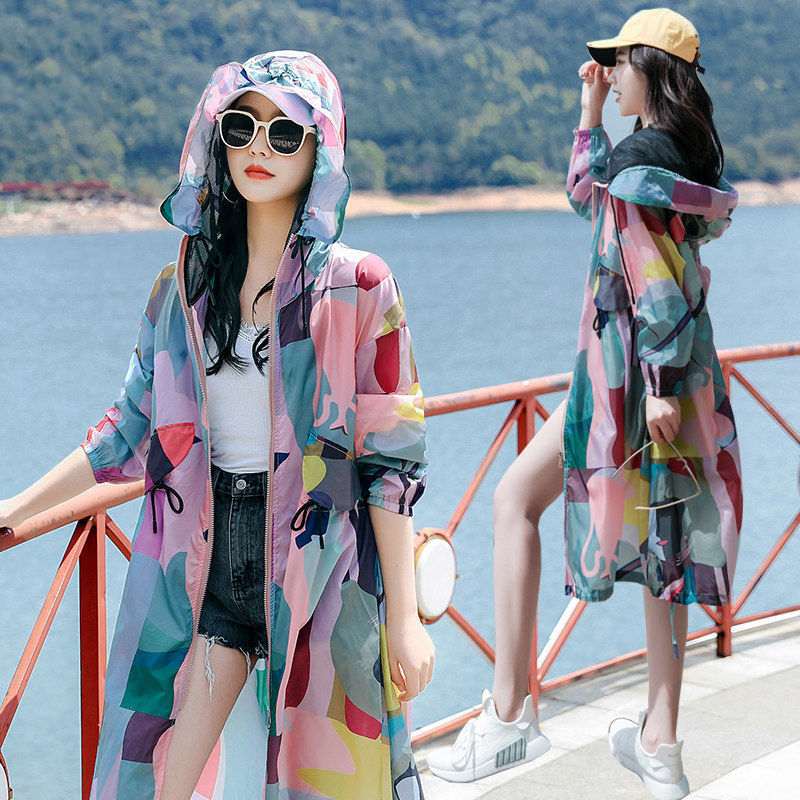 防晒衣女夏季薄款长款宽松韩版大码新款防紫外线长袖连帽防晒服女