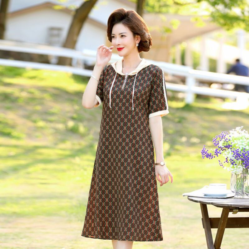斯尔丽妈妈洋气休闲连衣裙中年妇女装夏装中老年气质直筒裙子高