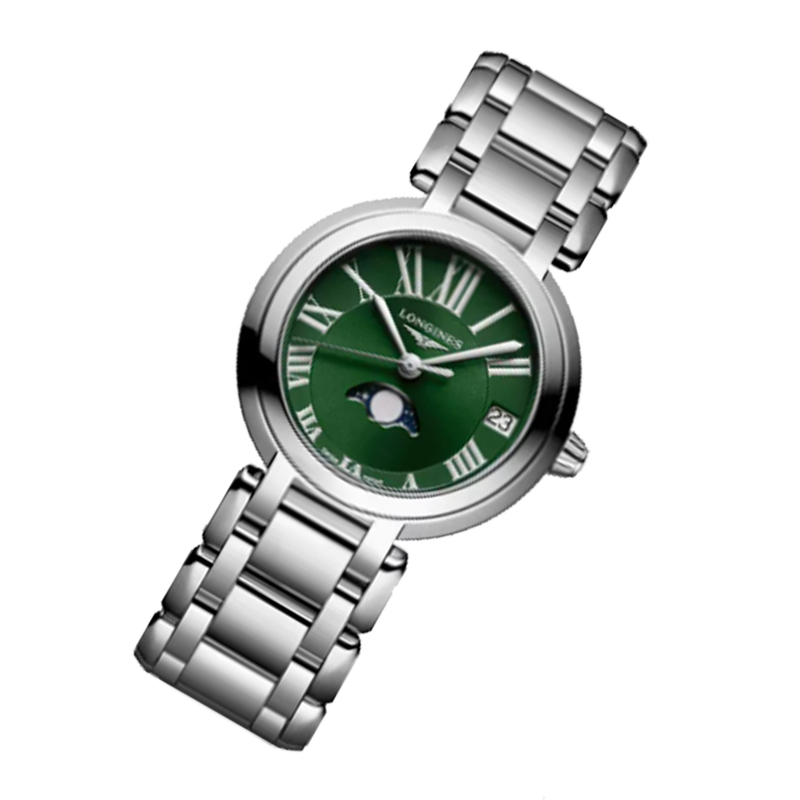 浪琴心月系列月相时尚绿盘精钢石英机芯女表女士手表l81154616瑞士表