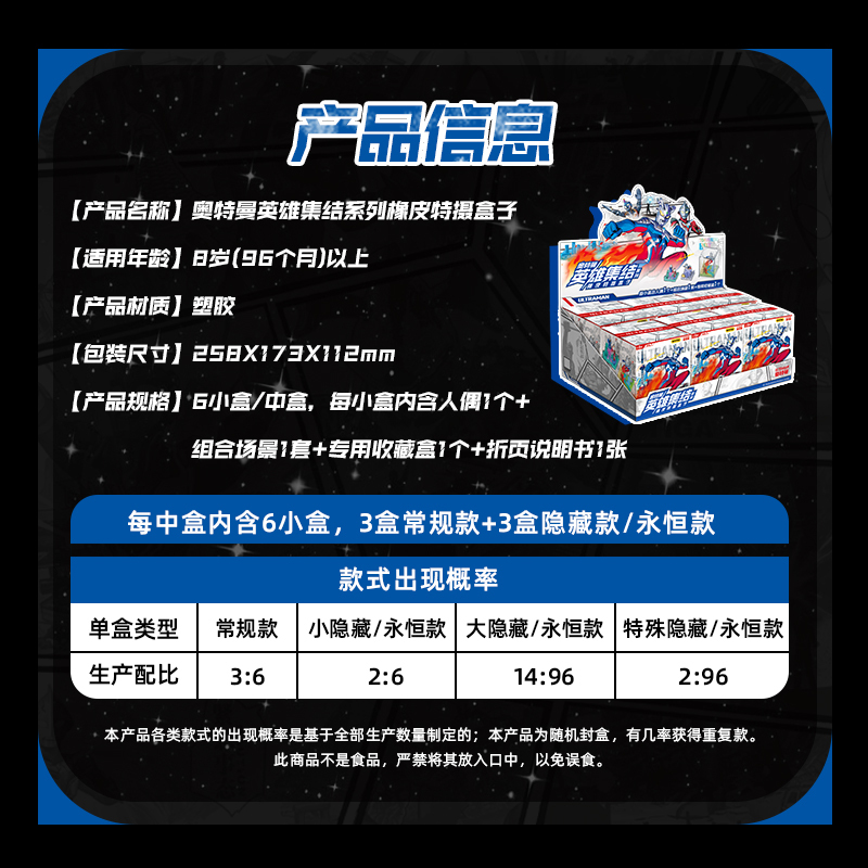 奥特曼卡片英雄集结系列迷你橡皮人偶夜光XP卡片赛罗奥特之王特利捷德迦隐藏5代4代 橡皮特摄盒子 整盒6小盒高清大图