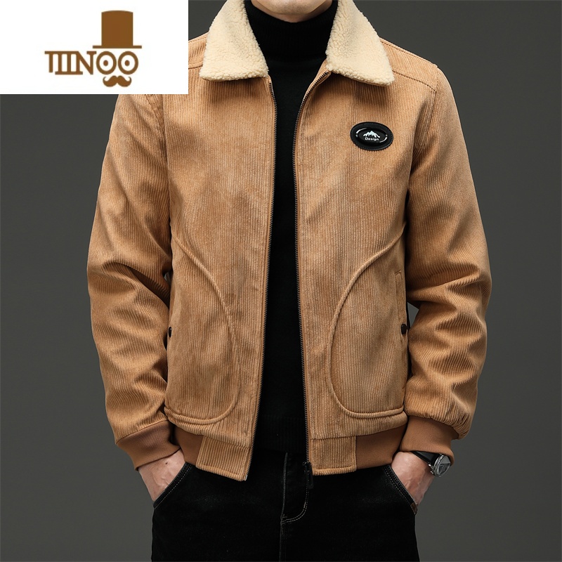 YANXU男士棉衣宽松外套羔绒灯芯绒棉服加绒加厚爸爸上衣休闲男装 卡其色 4XL推荐185-190CM或190-210斤