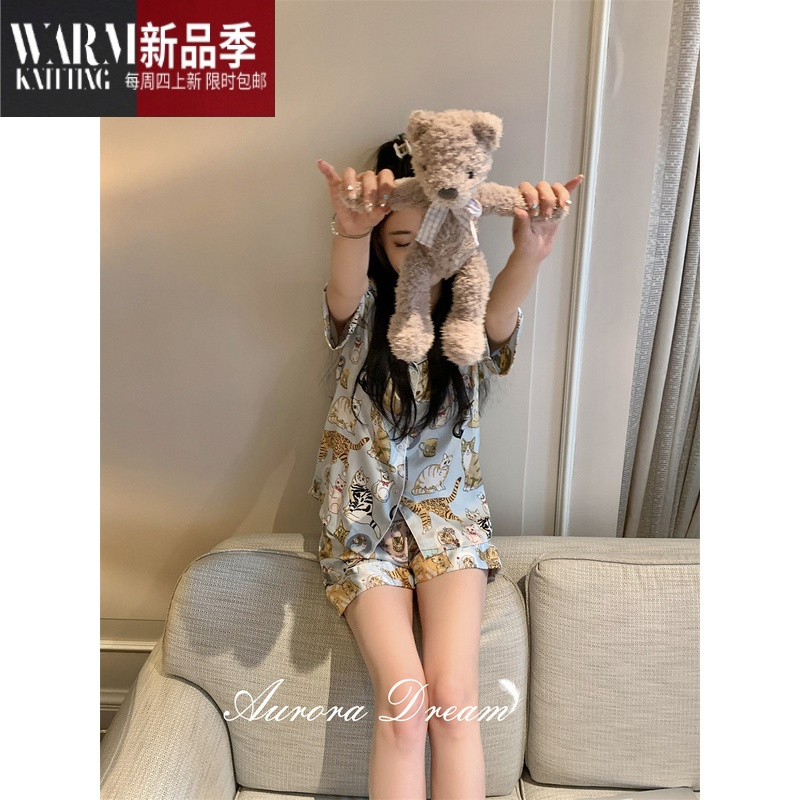 SHANCHAO赵露思同款夏季新品睡衣女卡通甜美可爱风短袖短裤薄款家居服套装
