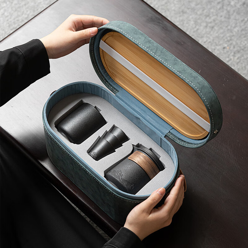 苏氏陶瓷(SUSHI CERAMICS) 山水旅行茶具便捷功夫茶具套装 海浪-旅行干泡装(黑)