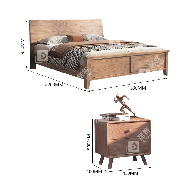 居将 JJ4022718 简约白蜡木实木床原木风单人床1.5米含两个床头柜高清大图