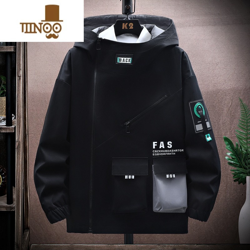 YANXU工装外套男潮流美式侧拉链上衣服连帽夹克青少年机能冲锋衣高清大图