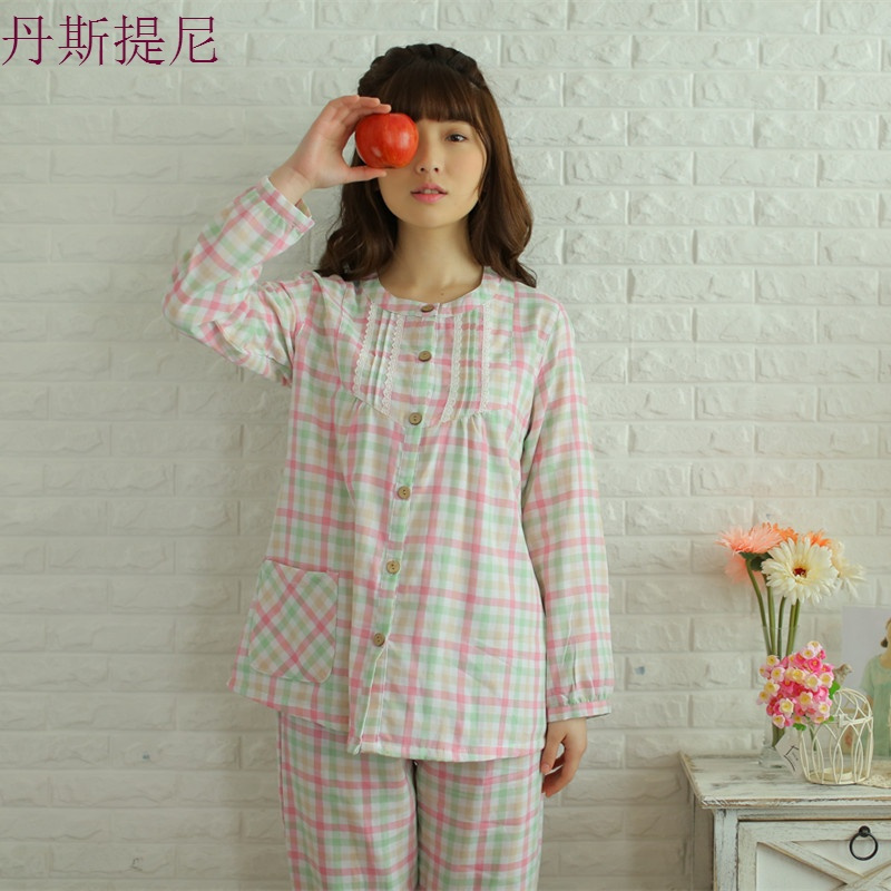春秋新款睡衣女纯棉纱布长袖圆领全棉清新格子学生日系家居服套装