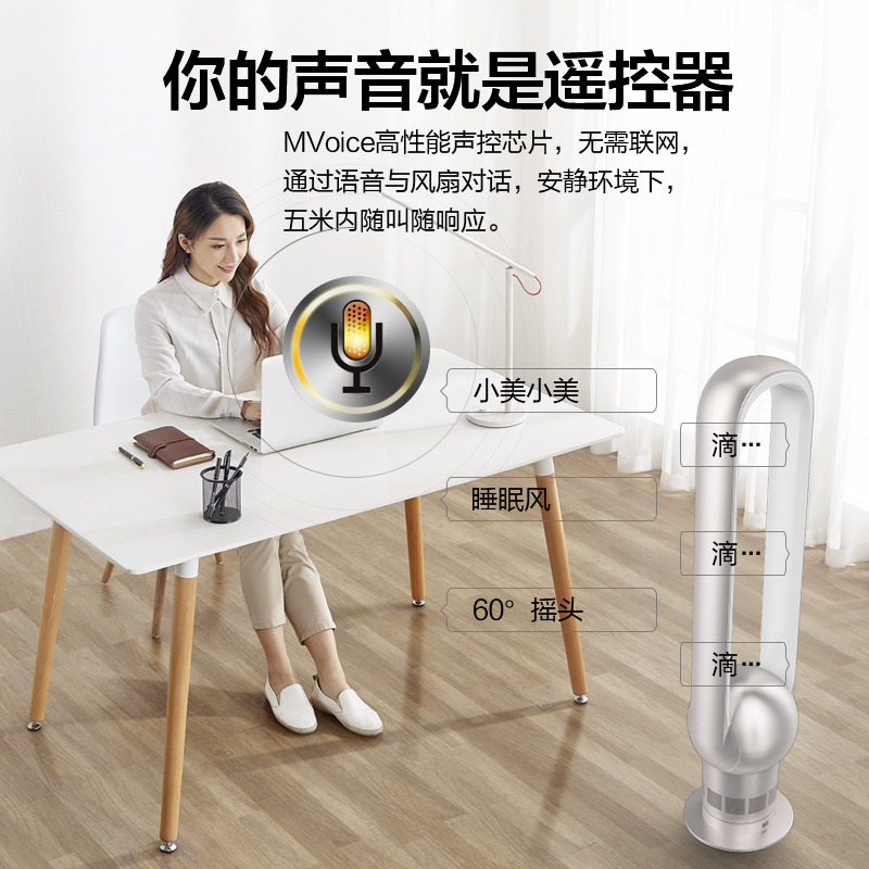 美的(Midea) 电风扇 AMS125-HB 语音智能控制系统 摇头自动复位 触摸屏按键 无叶风扇