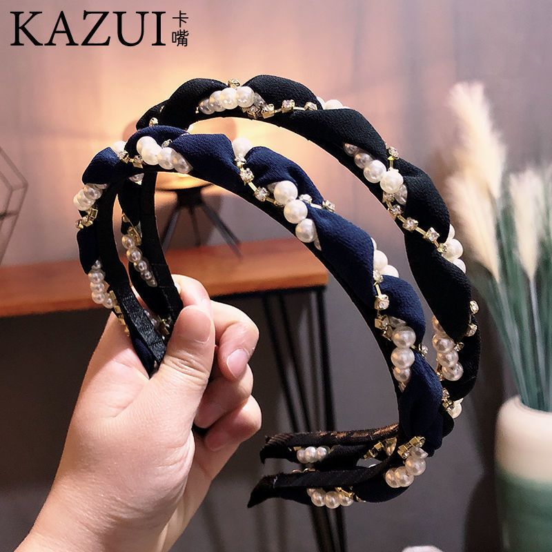 韩版ins新款珍珠发箍镶钻发卡简约布艺头箍外戴百搭发饰头饰女黑色