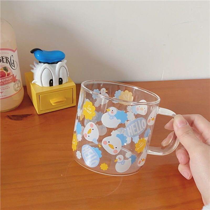 hello鸭把手玻璃杯韩国ins可爱鸭鸭玻璃碗卡通印花透明把手杯创意童趣