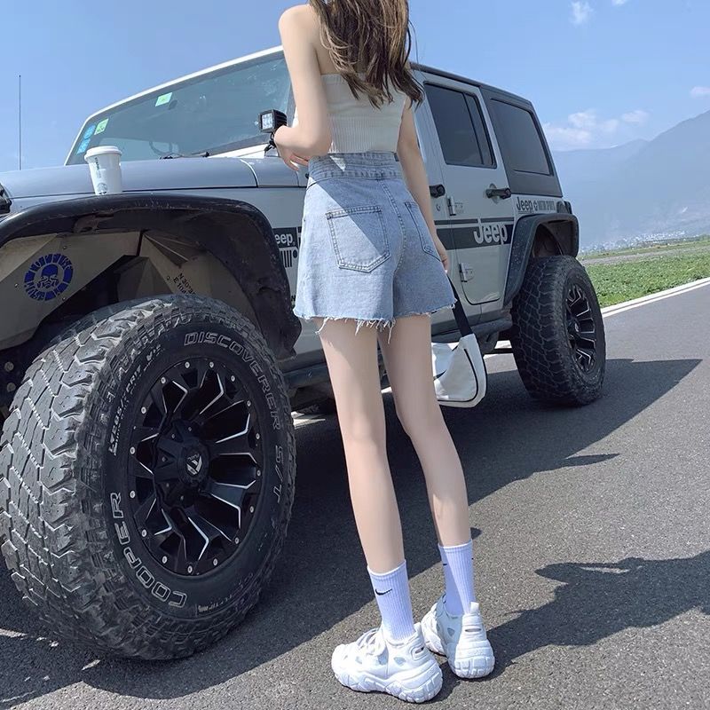 高腰牛仔短裤女2021夏季新款宽松韩版显瘦百搭a字破洞阔腿ins热裤 双扣黑色 XS 建议70-80斤