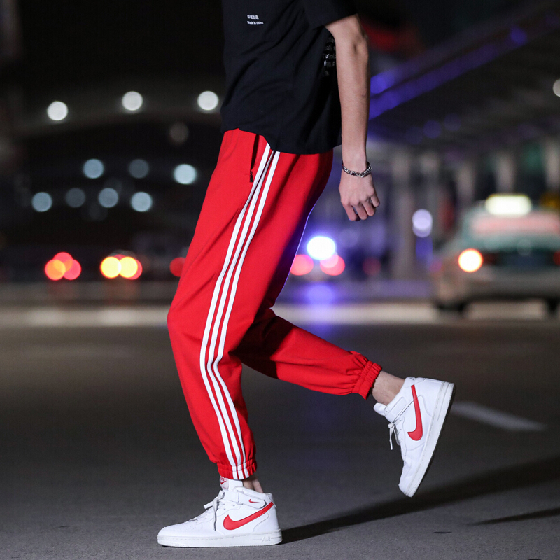 珂卡慕(kekamu)三条白杠裤子运动裤棉百搭休闲潮牌束脚男卫裤