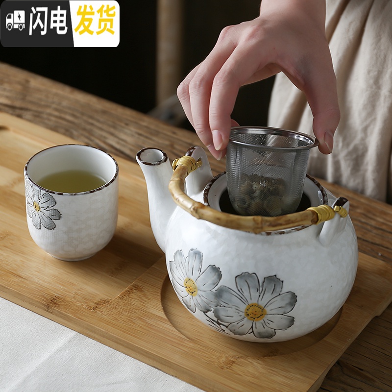 三维工匠日式家用陶瓷提梁壶功夫茶具茶杯套装简约结婚庆乔迁创意送礼 格桑茶具灰色带木盘高清大图