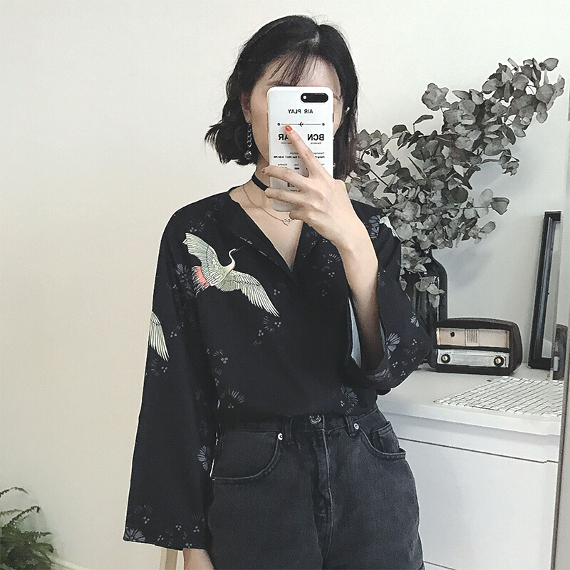 夏装女装韩版原宿风个性仙鹤长袖雪纺衫薄款衬衫防晒衣宽松上衣潮 图片色 均码