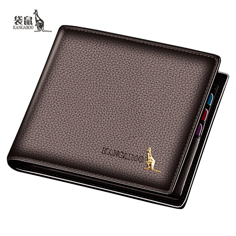 袋鼠kangaroo钱包男士短款商务头层牛皮横款两折钱夹代写贺卡啡色
