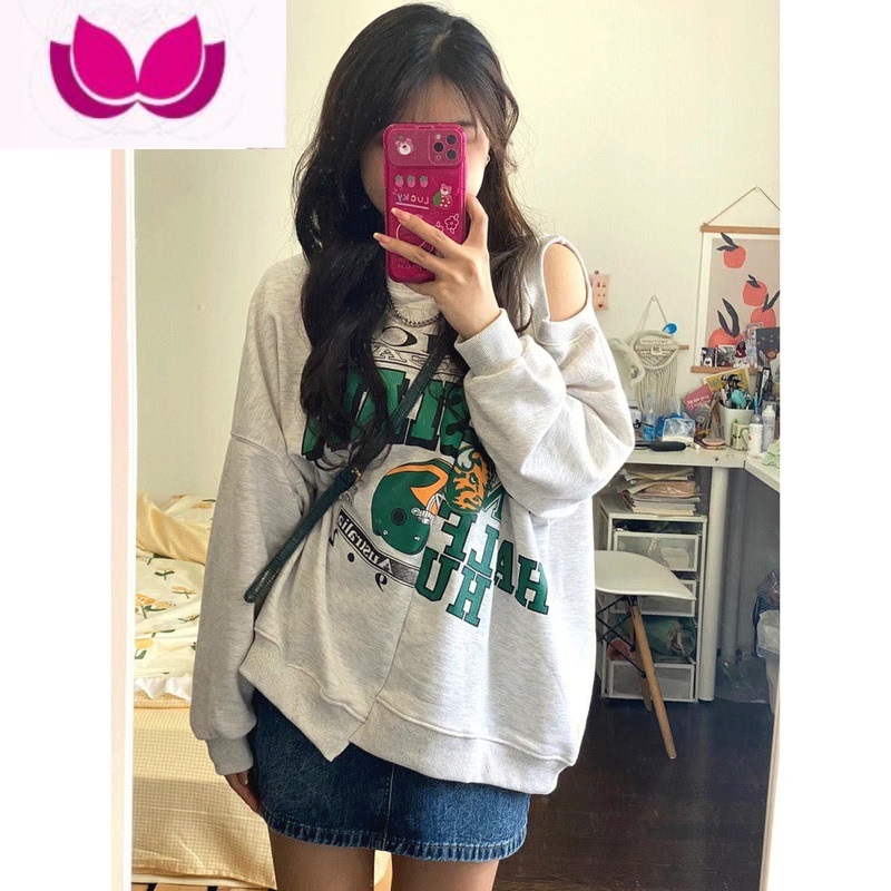 七斓早秋盐系穿搭套装女可盐可甜小个子设计感时尚减龄甜辣卫衣穿 XL 不规则露肩卫衣+蓝色裙裤