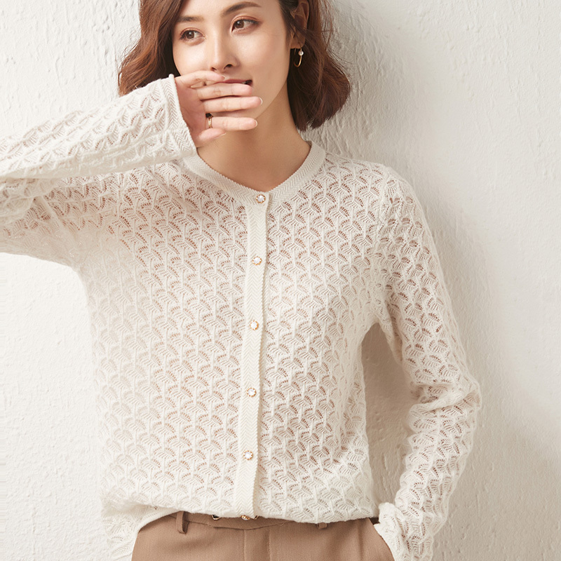 雪米贝奴21新款纯色镂空羊毛开衫女外套圆领针织毛衣外穿