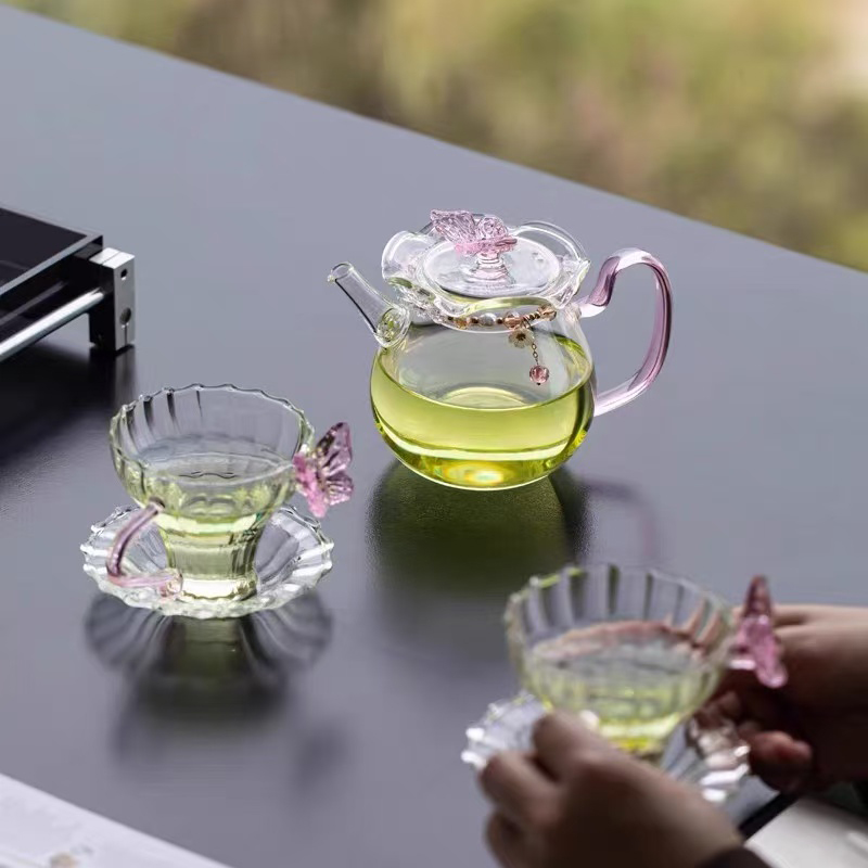 柏兮 粉色蝴蝶女士茶具套装带杯垫高清大图