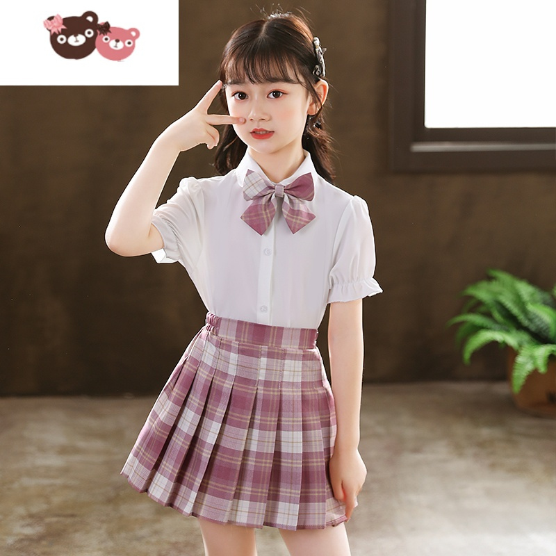 绿彩虹光女童jk制服裙子夏季小学生短袖儿童夏装学院风套装校服格子