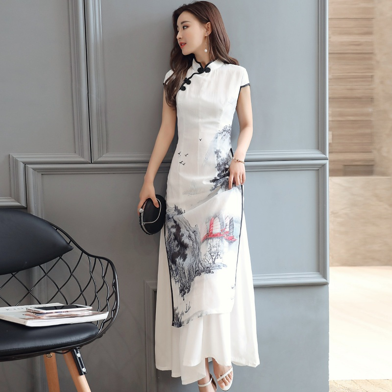 女士春夏新品女装时尚连衣裙中腰显瘦短袖中长款修身印花甜美长裙