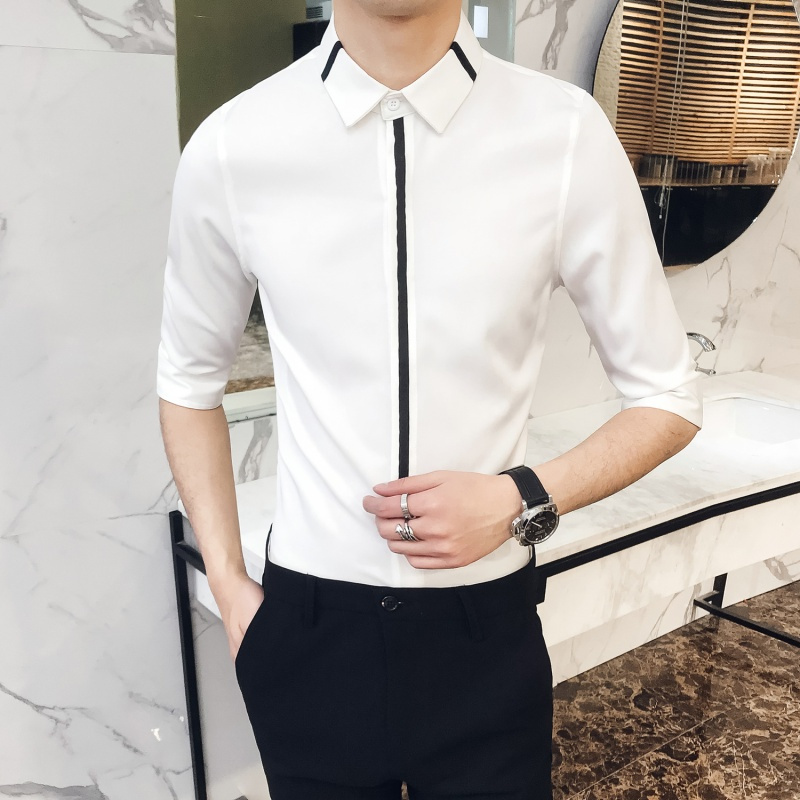 夏季年轻型男餐厅员男士修身七分袖衬衫免烫韩版中袖寸衣制服