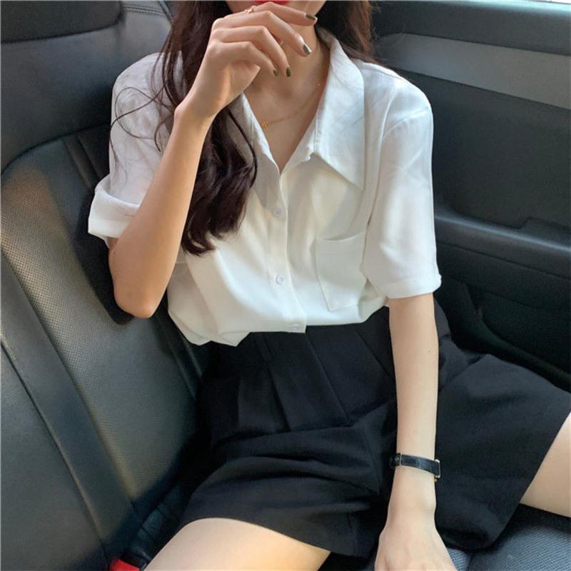白色 S 日系短袖衬衫女夏季设计感小众百搭白色衬衣复古港味宽松法式上衣