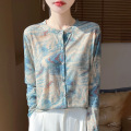 丝光25春夏季女短款圆领宽松拼色晕染薄上衣印花针织防晒开衫 L M14-3水云蓝