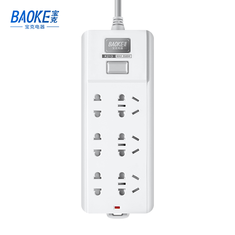 宝克(BAOKE)K213 插线板 新国标延长线插座双排6位组合总控开关 2500W MAX 白色 1个 白色 10m插线板