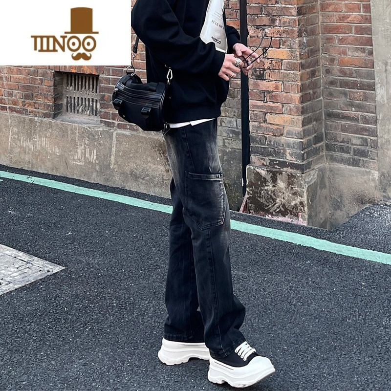 YANXU美式高街牛仔裤男秋季小众常规宽松直筒侧口袋修身男款潮牌裤子