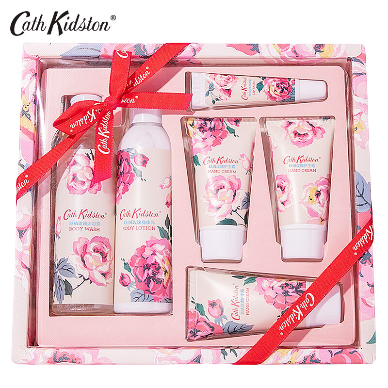 Cath Kidston英国品牌 丝绒玫瑰润肤礼盒套装 (沐浴露200ml+润体乳200ml+护手霜50ML*3支+润唇
