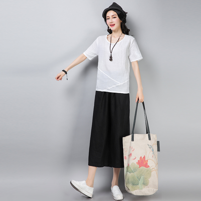 时尚阔腿裤套装女装棉麻女士夏装新品显瘦年轻风复古亚麻两件套潮