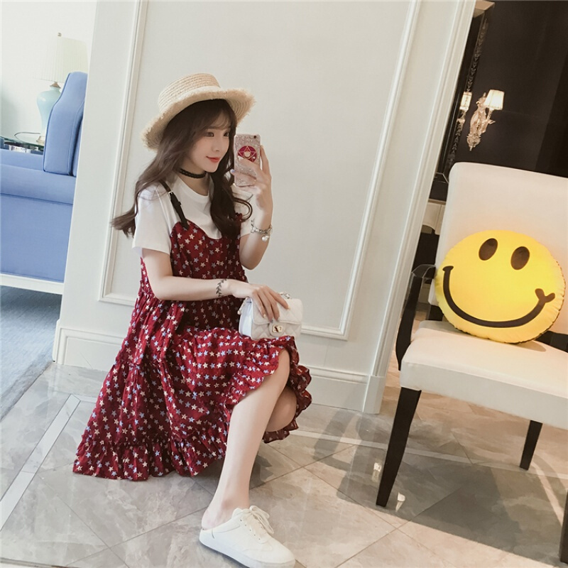 大萝莉大码女装胖妹妹夏装新款减龄学院风假两件套显瘦连衣裙藏肉图片色