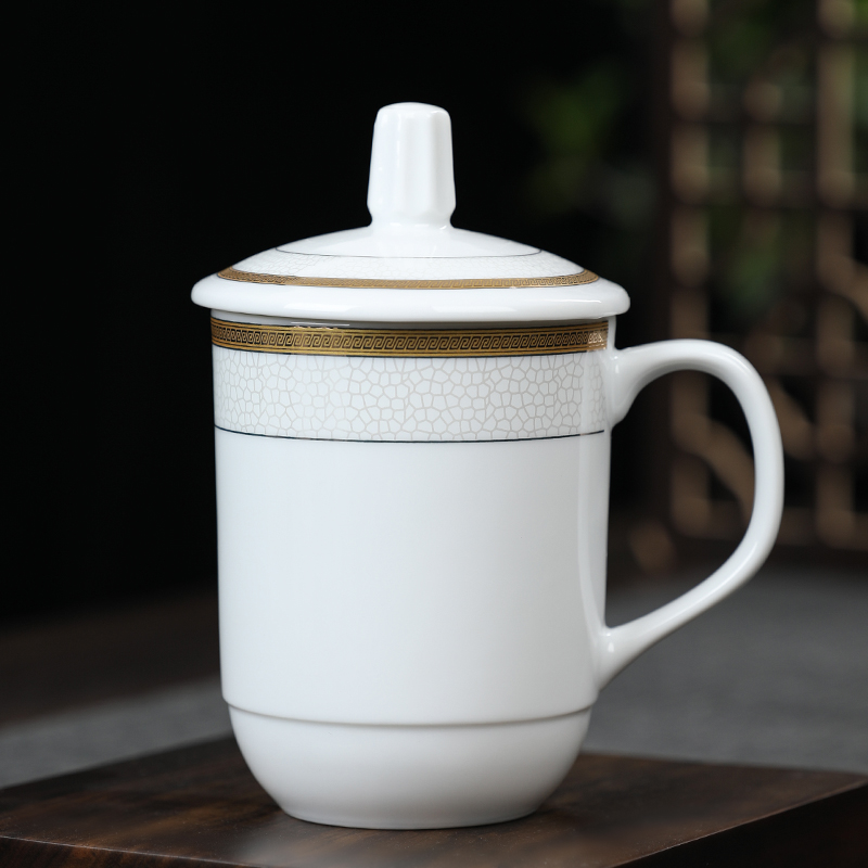 MULTIPOTENT茶杯2个陶瓷盖杯320ml商务会议办公茶杯宾馆酒店#黄金线条杯高清大图