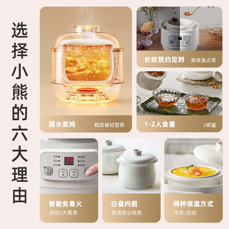 小熊(bear)多功能锅0.8L隔水电炖锅家用全自动宝宝煮粥锅BB煲汤锅陶瓷小电炖盅婴儿辅食锅 DDZ-A08Q6高清大图