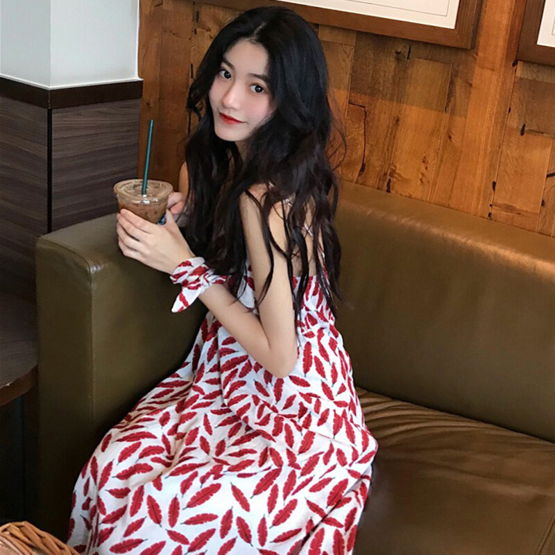 2018夏新款女pphome带连衣裙长裙00后森系慵懒风裙子学生红色